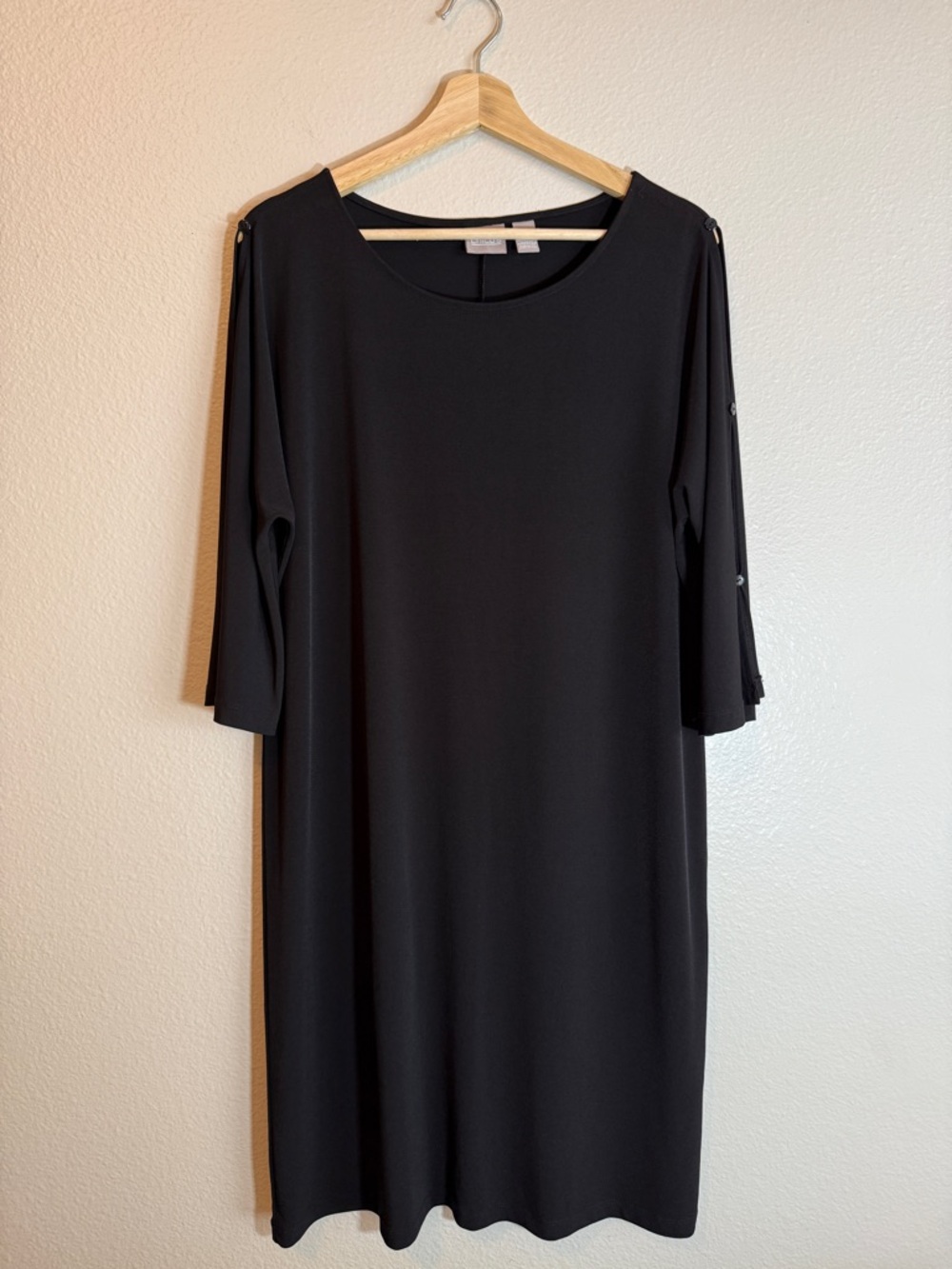 Chico’s Black Slinky Dress Size 2 US L Split Sleeve Minimalist Midi Quiet Luxury
